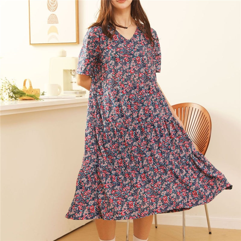 Women Fashion Casual Floral Printed Short Sleeve Loose Dress Pajamas