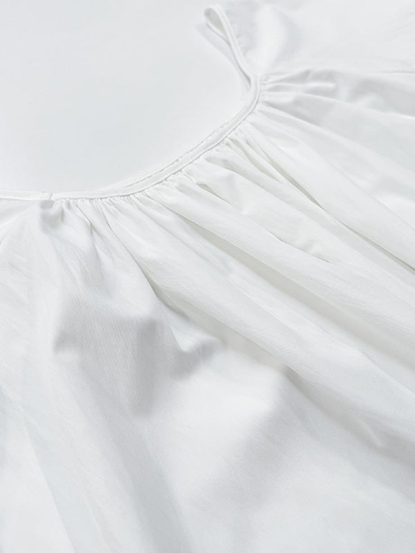 Flared Sleeves Loose Pleated Solid Color Split-Joint Round-Neck Maxi Dresses