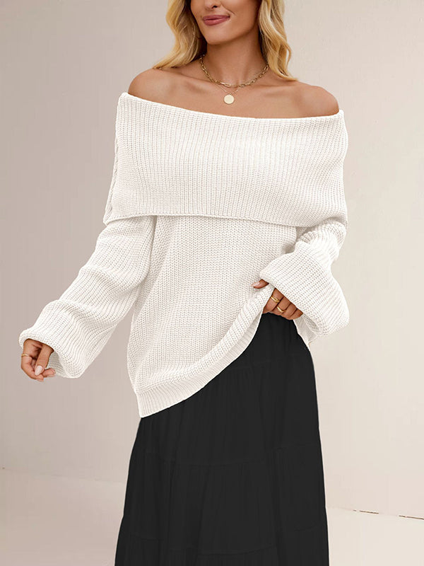 Long Sleeves Loose Solid Color Split-Joint Round-Neck Sweater Tops