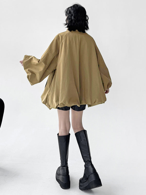 A-Line Long Sleeves Buttoned Solid Color Zipper Stand Collar Outerwear Windbreakers