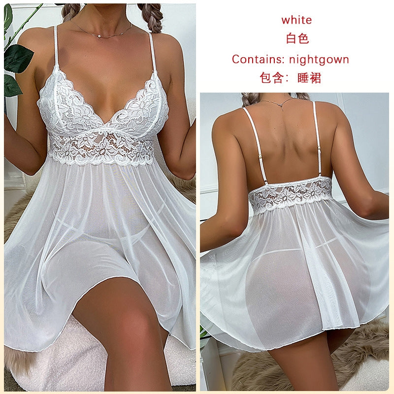 Women Fashion Sexy Deep V Lace Mesh Perspective Sexy Pajamas
