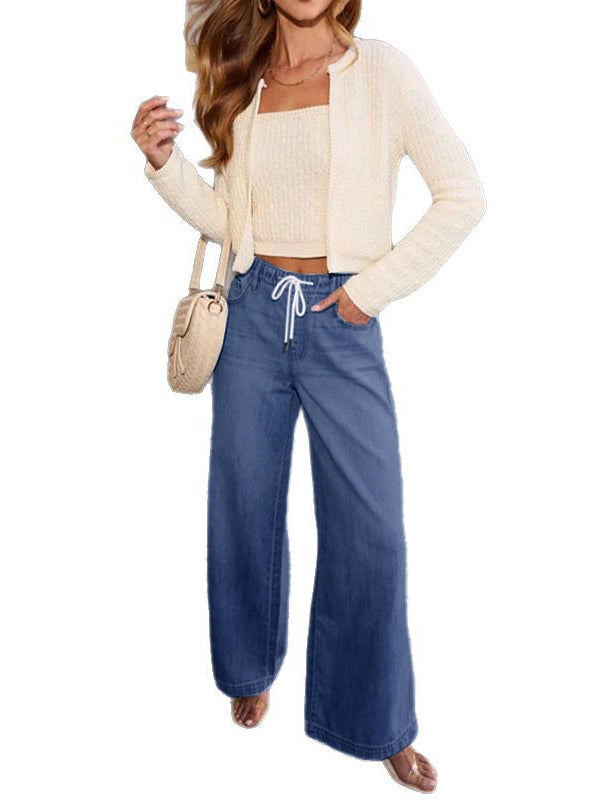 High Waisted Loose Drawstring Elasticity Split-Joint Jean Pants Bottoms