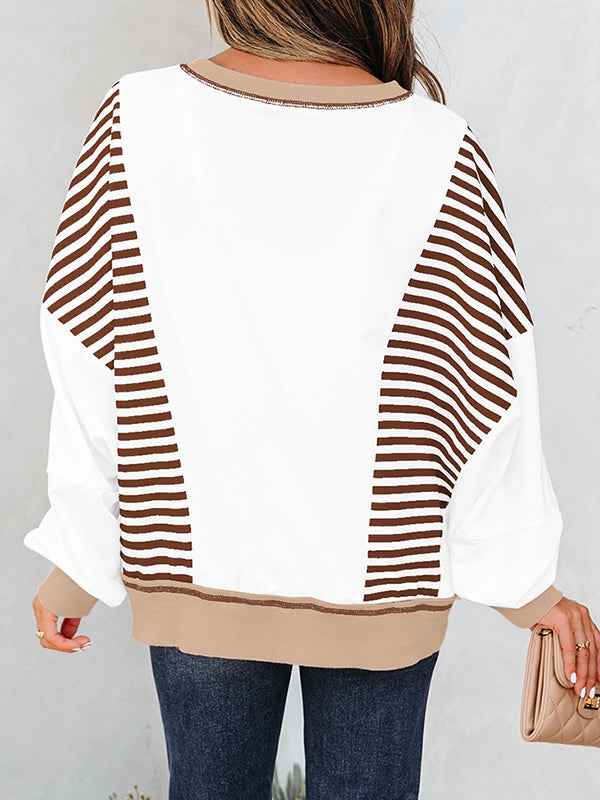 Long Sleeves Loose Contrast Color Striped Round-Neck Sweatshirt Tops