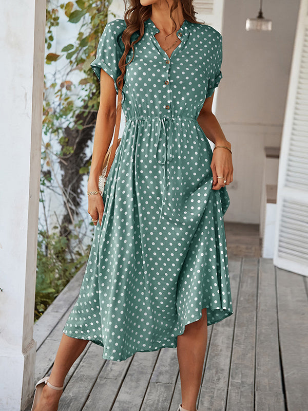 A-Line High Waisted Buttoned Drawstring Polka-Dot V-Neck Midi Dresses