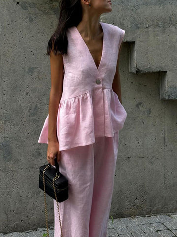 Loose Split-Joint Sleeveless Pleated V-Neck Vest + Pants Trousers Two Pieces Set