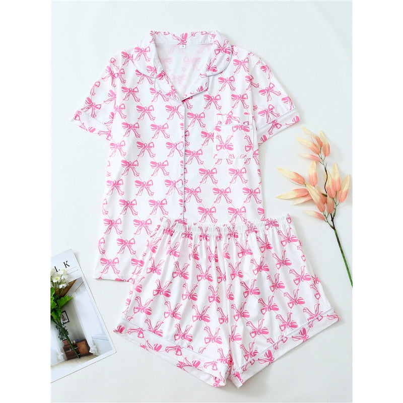 Women Fashion Casual Bowknot Printed Lapel Short Sleeve Top Loose Shorts Pajamas Set