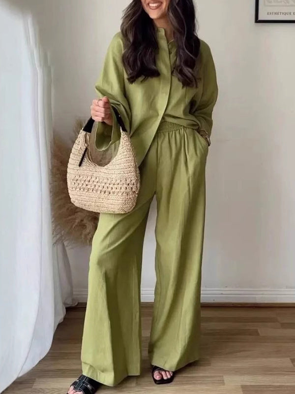Loose Solid Color Split-Joint Split-Side Lapel Blouse + Elasticity Pleated Pants Trousers Two Pieces Set