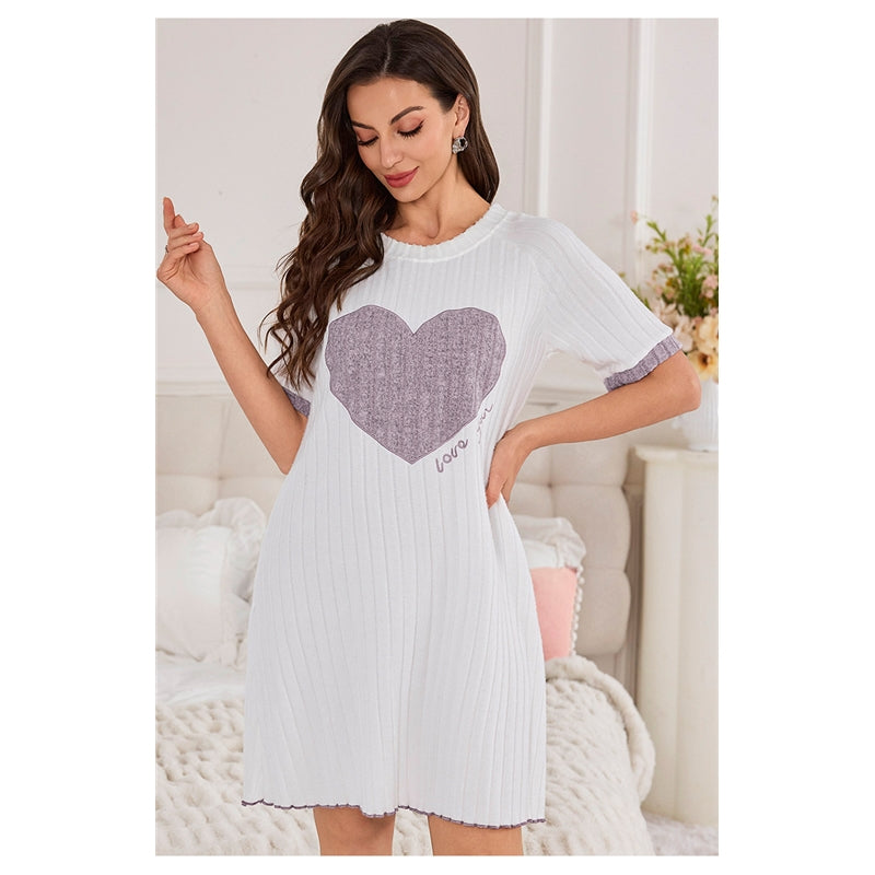 Women Fashion Casual Autumn Love Printed Round Neck Short-Sleeve Dress Pajamas
