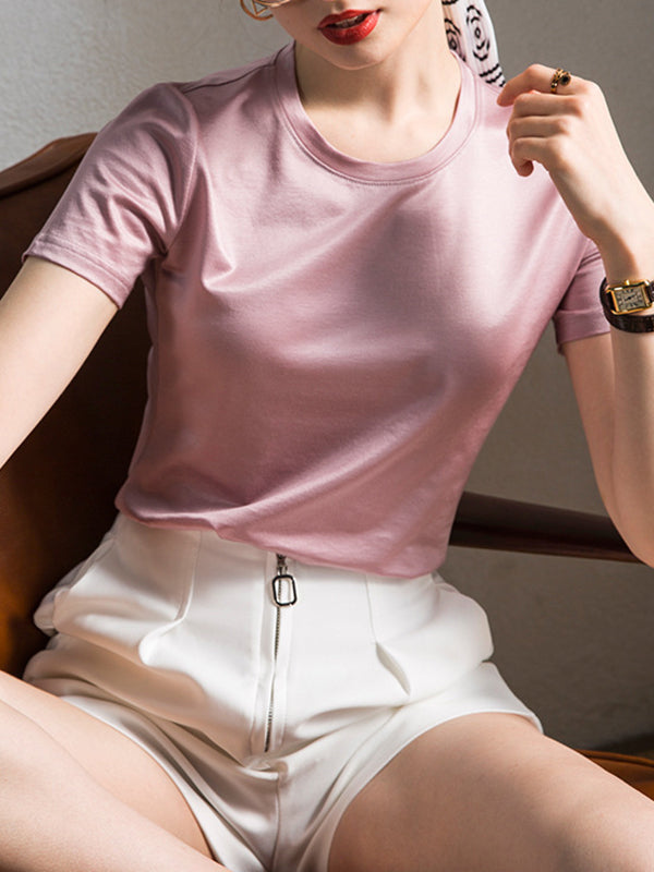 Loose Short Sleeves Shiny Solid Color Round-Neck T-Shirts Tops