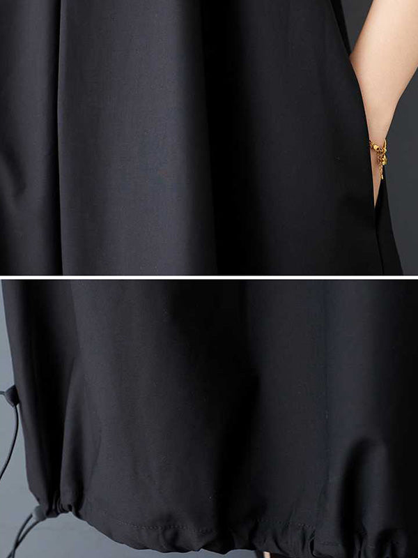 A-Line Loose Drawstring Pleated Pockets Solid Color Zipper Spaghetti-Neck Midi Dresses