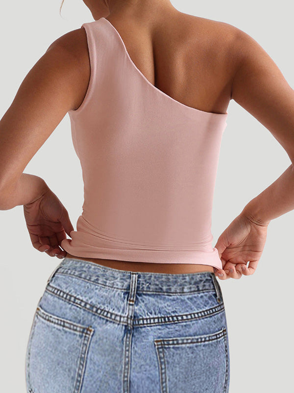 Skinny Sleeveless Solid Color One-Shoulder Vest Top