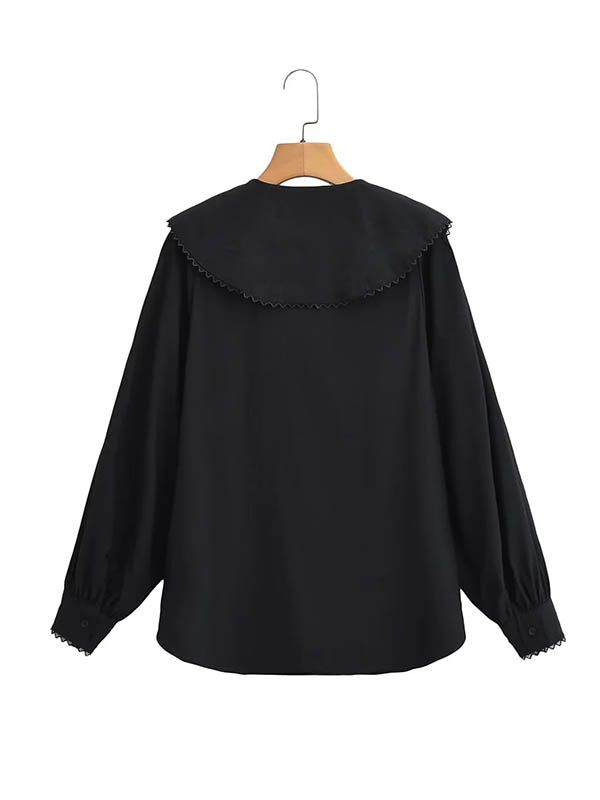 Loose Puff Sleeves Pleated See-Through Solid Color Split-Joint Peter Pan Collar Blouses&Shirts Tops