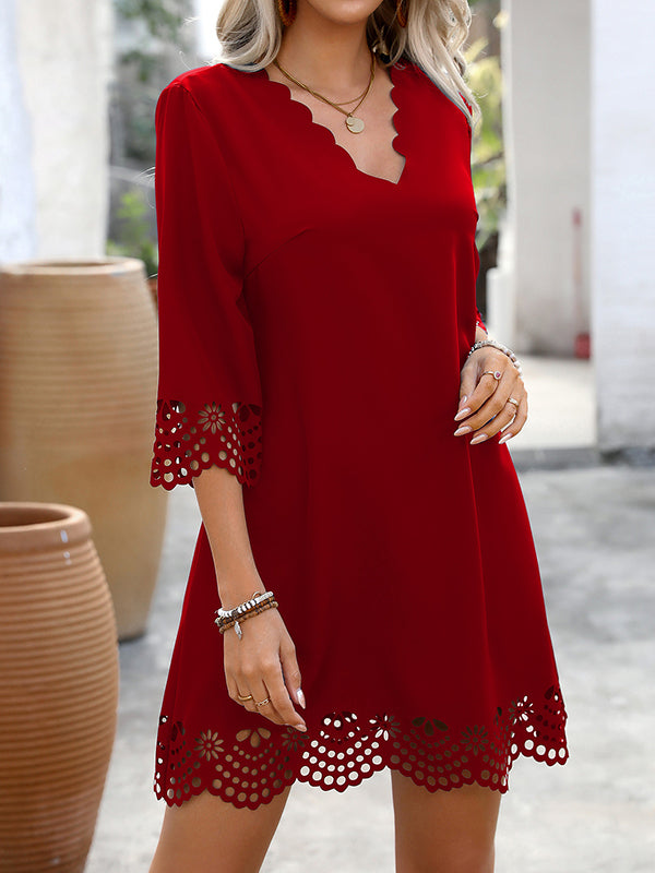 A-Line Loose Hollow Solid Color V-Neck Mini Dresses