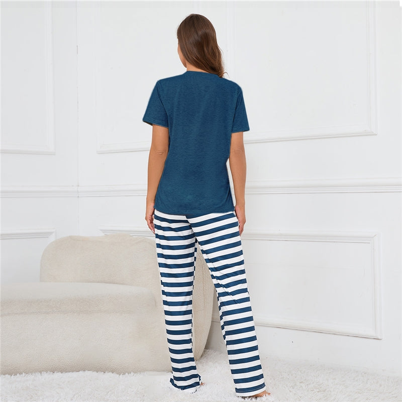 Women Fashion Casual Round Neck Short Sleeve T-Shirt Stripe Loose Pants Pajamas Two-Piece Set