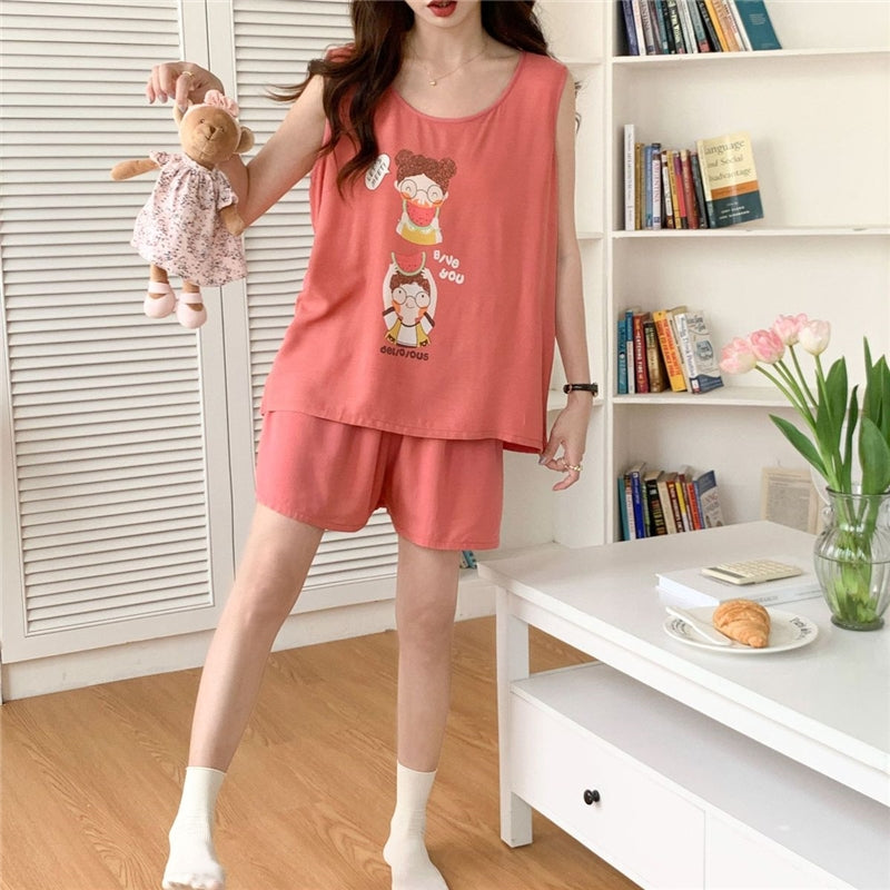 Women Fashion Casual Printed Tank Top Loose Shorts Cotton Silk Pajamas Two-Piece Set