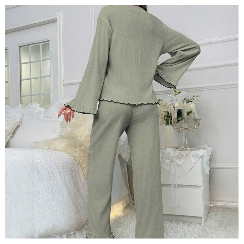 Women Fashion Casual Solid Color Long Sleeve Lace-Up Top Loose Pants Pajamas Two-Piece Set