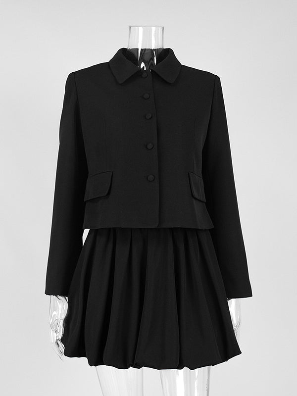 Solid Color Split-Joint Lapel Long Sleeves Blazer Suits + Pleated Mini Skirts Two Pieces Set