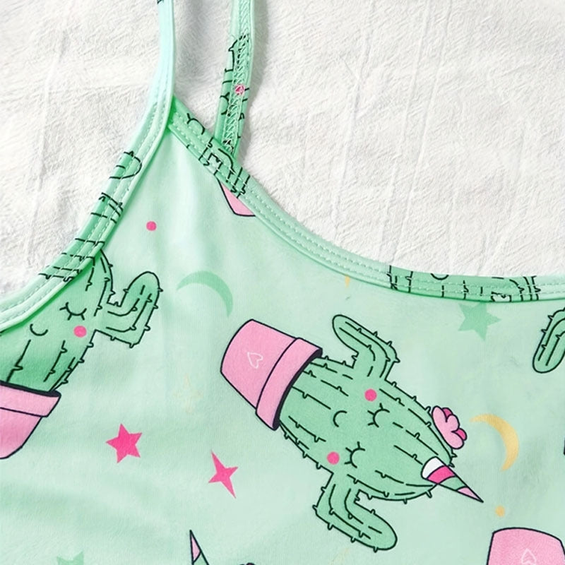 Women Fashion Cactus Print Pajamas Two-Piece Set