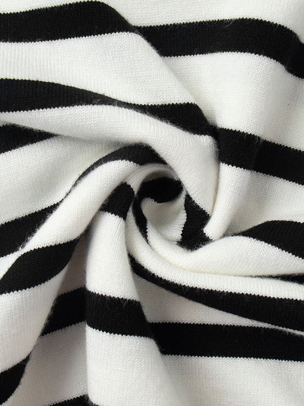 High-Low Long Sleeves Split-Joint Split-Side Striped High Neck Sweater Tops