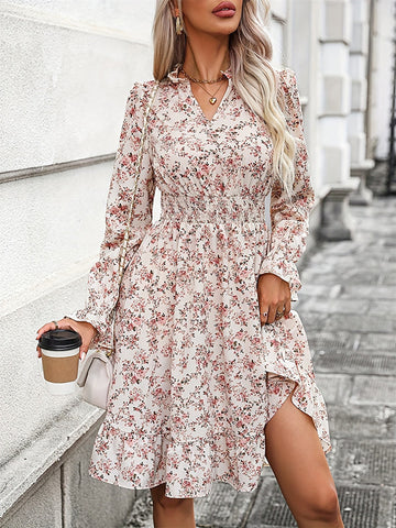 A-Line Long Sleeves Elasticity Flower Print V-Neck Midi Dresses
