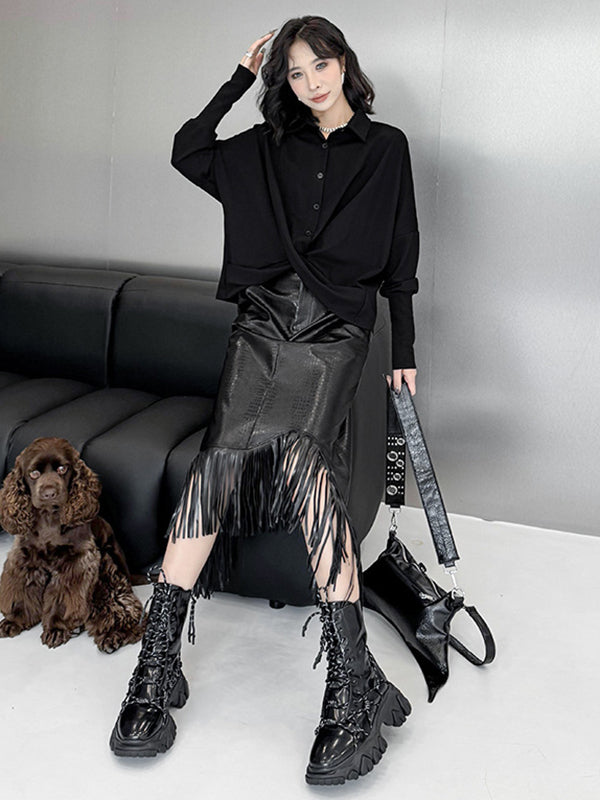 Hipster Irregularity Buttoned Solid Color Twist Lapel Collar Blouses&Shirts Tops