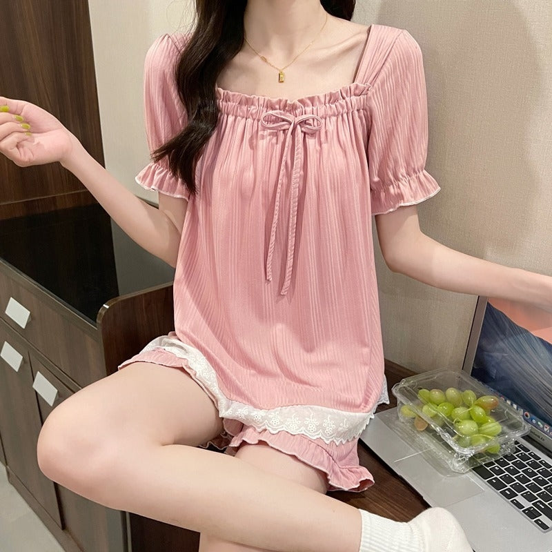 Women Casual Solid Color Short Sleeve Top And Shorts Pajamas Two-Piece Set