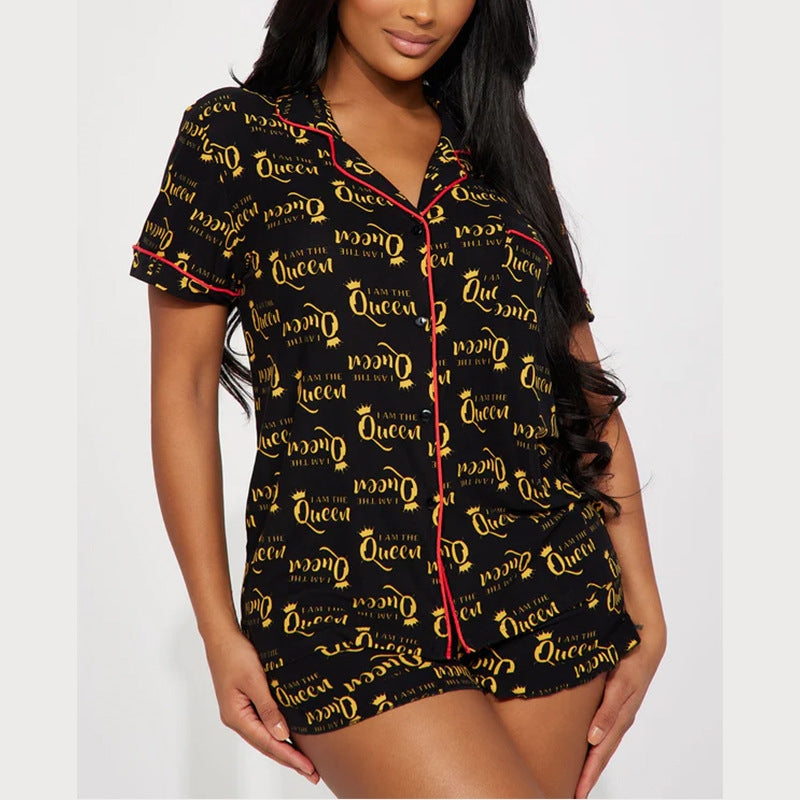 Women Fashion Casual Printed Lapel Short Sleeve Top Loose Shorts Pajamas Set