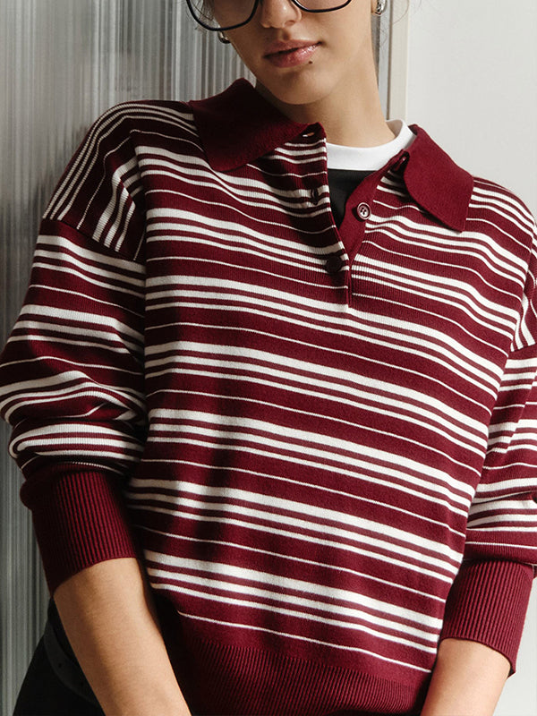 Long Sleeves Split-Joint Striped Lapel Sweater Tops