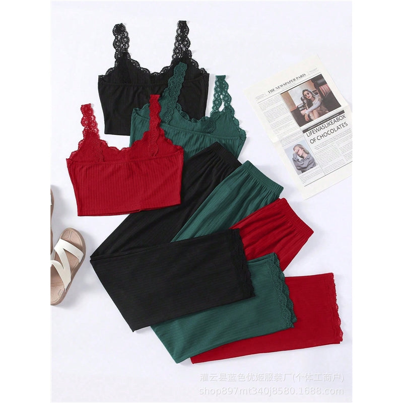 Women Fashion Solid Color Lace-Trimmed Crop Top Loose Pants Pajamas Two-Piece Set