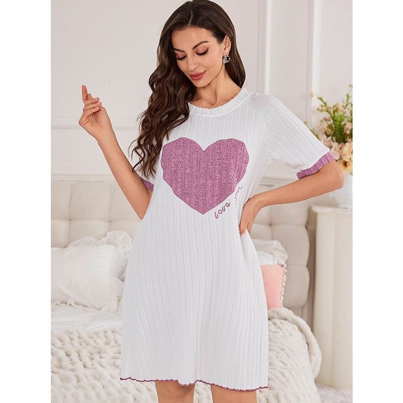 Women Fashion Casual Autumn Love Printed Round Neck Short-Sleeve Dress Pajamas