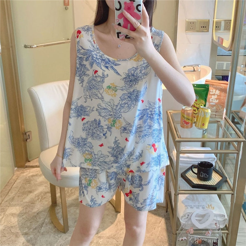 Women Fashion Casual Printed Tank Top Loose Shorts Cotton Silk Pajamas Two-Piece Set