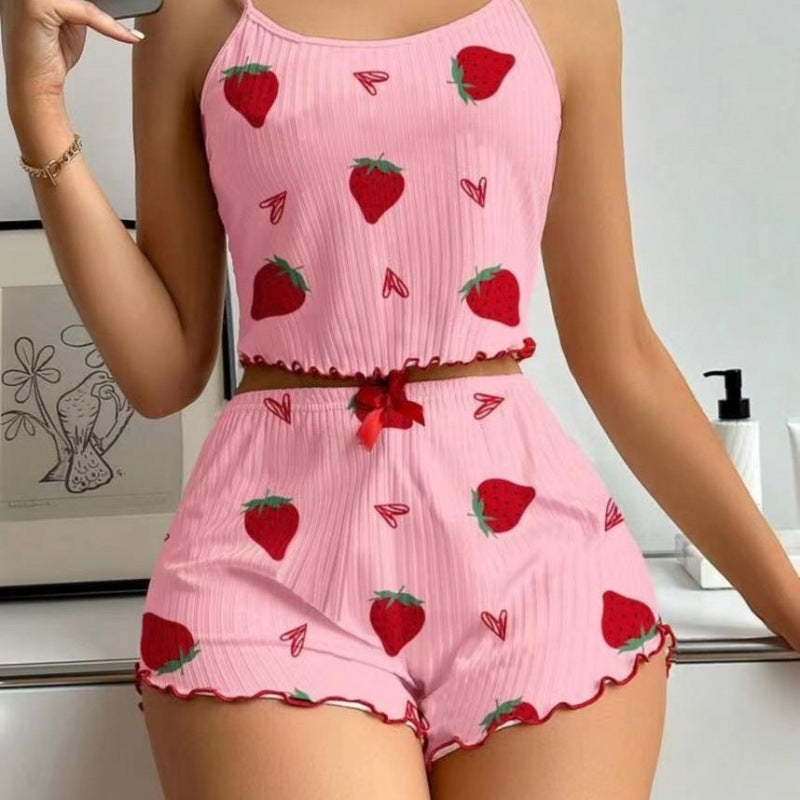 Women Fashion Cute Printed Camisole Loose Shorts Pajamas Two-Piece Set