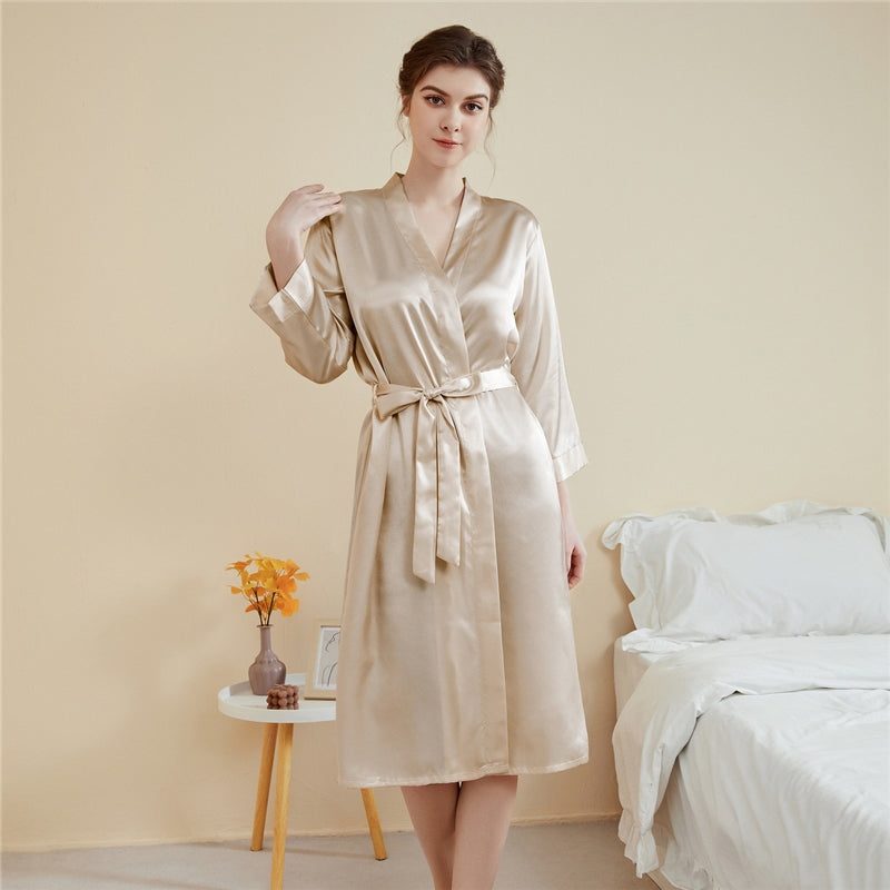 Women Fashion Solid Color Satin Long-Sleeve Lace-Up Loose Pajamas