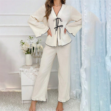 Women Fashion Casual Contrast Color V-Neck Long-Sleeve Lace-Up Top Loose Pants Pajamas Two-Piece Set