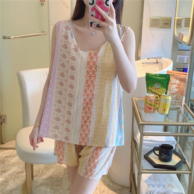 Women Fashion Casual Printed Tank Top Loose Shorts Cotton Silk Pajamas Two-Piece Set