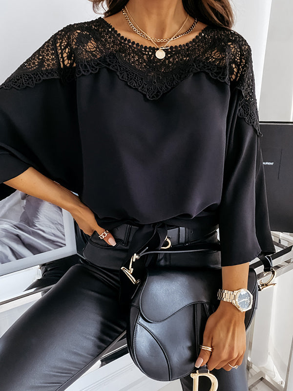 Long Sleeves Loose Solid Color Split-Joint Round-Neck Blouses&Shirts Tops