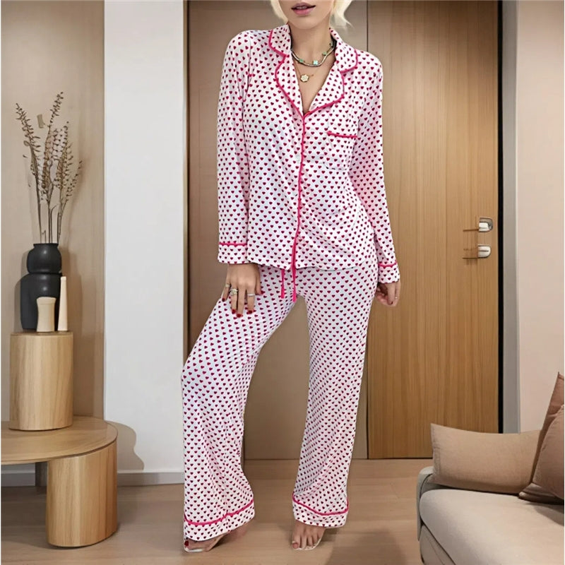 Women Fashion Casual Printed Lapel Long Sleeve Top Loose Pants Pajamas Set