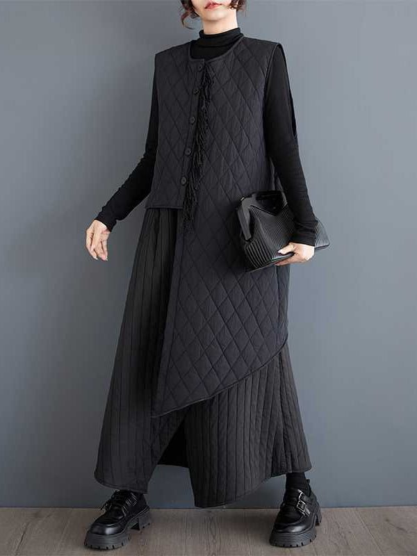 Loose Sleeveless Asymmetric Buttoned Quilted Solid Color Round-Neck Padded Vest