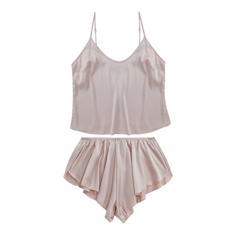 Women Fashion Sexy Solid Color Satin Silk Sleeveless Camisole Loose Shorts Pajamas Two-Piece Set