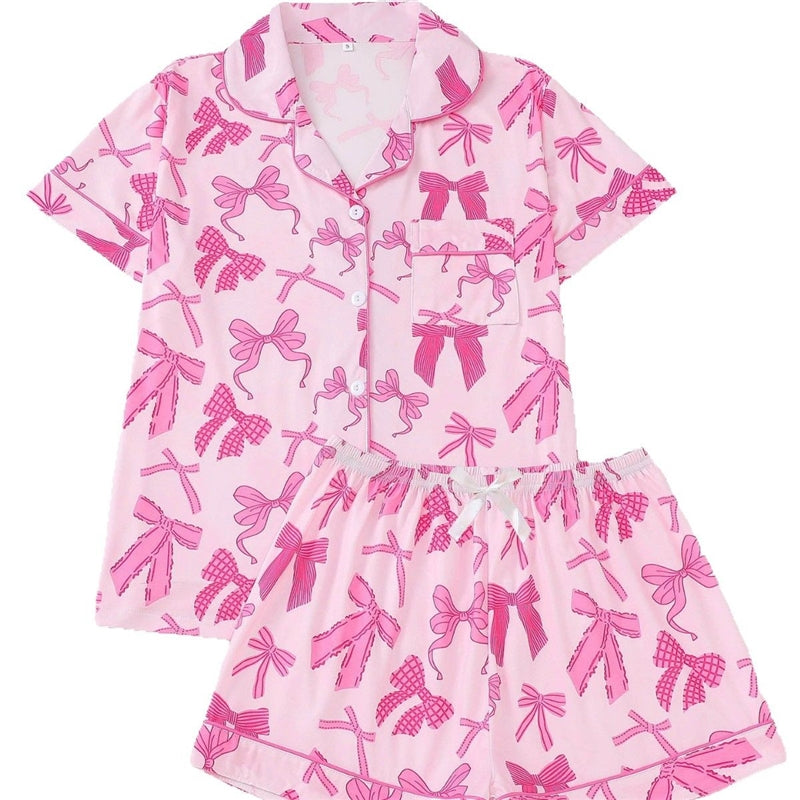 Women Pink Bow Print Lapel Short Sleeve Shorts Pajamas