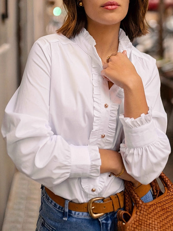 Long Sleeves Ruffled Split-Joint Round-Neck Blouses&Shirts Tops