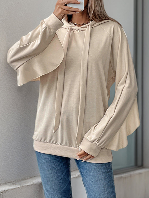 Long Sleeves Loose Drawstring Ruffle Trim Solid Color Split-Joint Hoodies Tops
