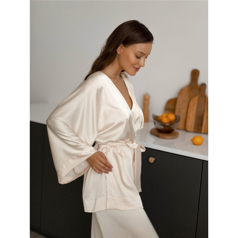 Women Fashion Autumn Solid Color Satin Long-Sleeve Lace-Up Coat Loose Pants Pajamas Two-Piece Set