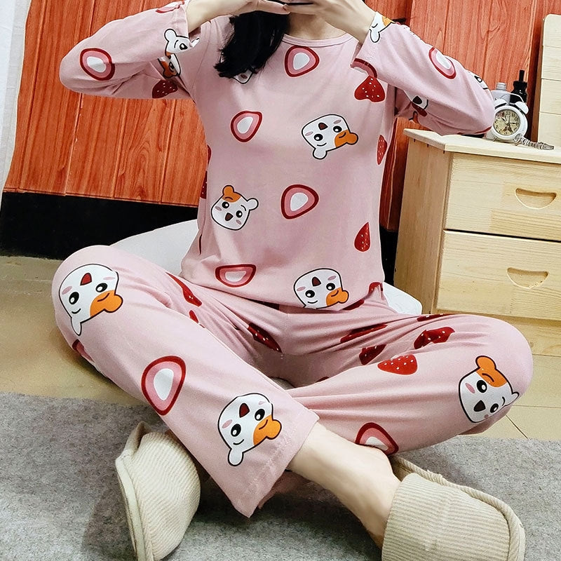 Women Fashion Casual Spring And Autumn Printed Round Neck Long Sleeve T-Shirt Loose Pants Pajamas Set