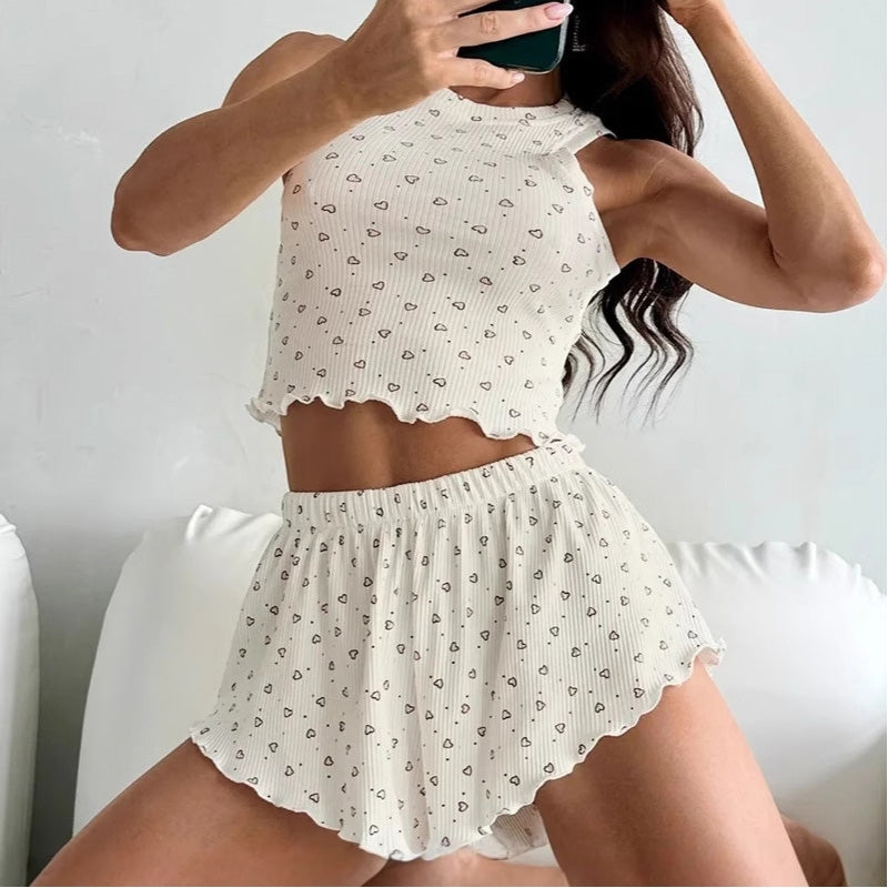 Women Fashion Sexy Printed Edge Curl Tank Top Loose Shorts Pajamas Two-Piece Set