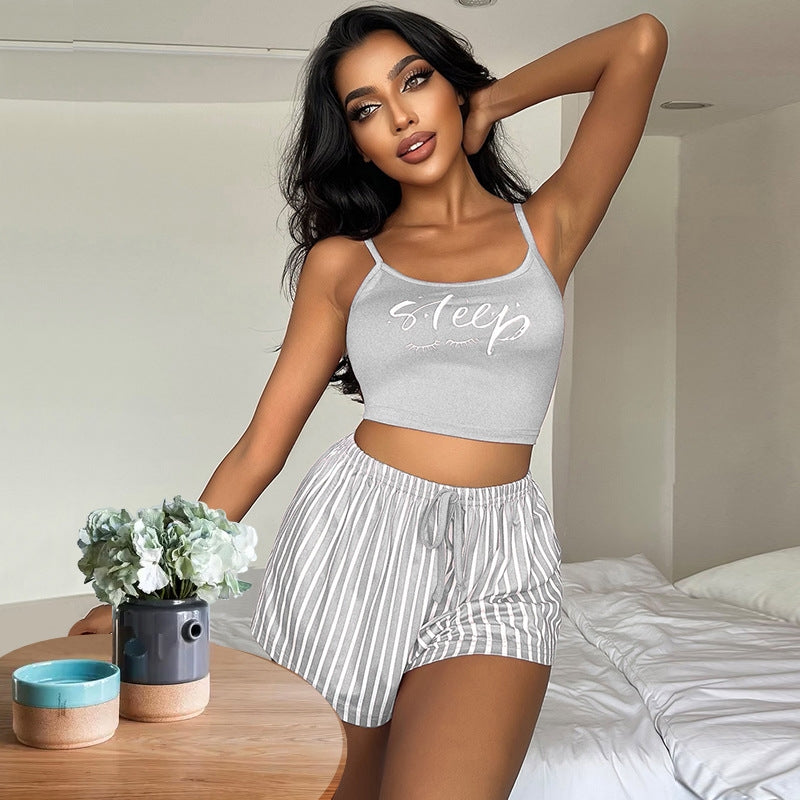 Women Fashion Sexy Letter Printed Camisole Loose Stripe Drawstring Shorts Pajamas Two-Piece Set