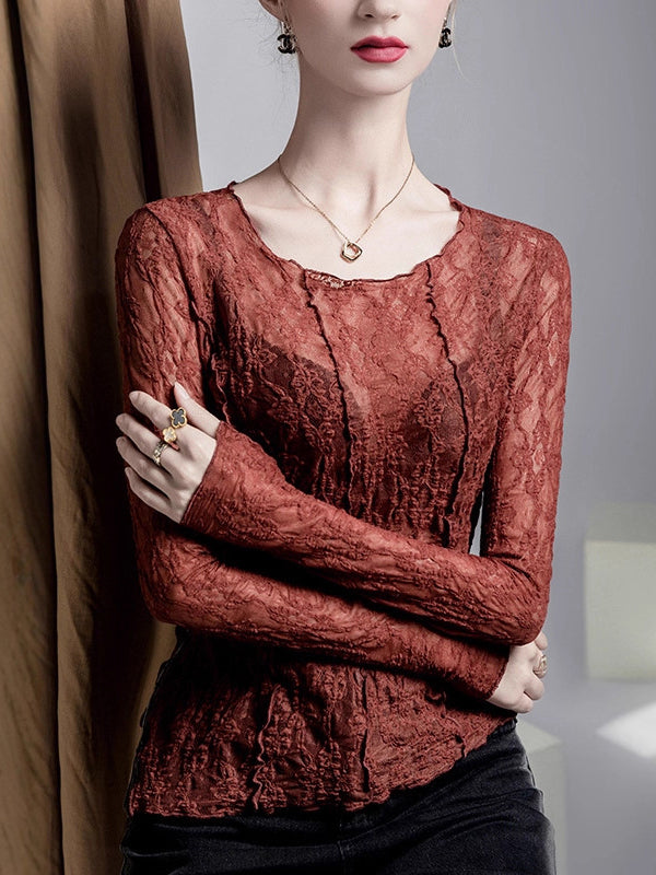 Irregularity Long Sleeves See-Through Split-Joint Textured Round-Neck T-Shirts Tops