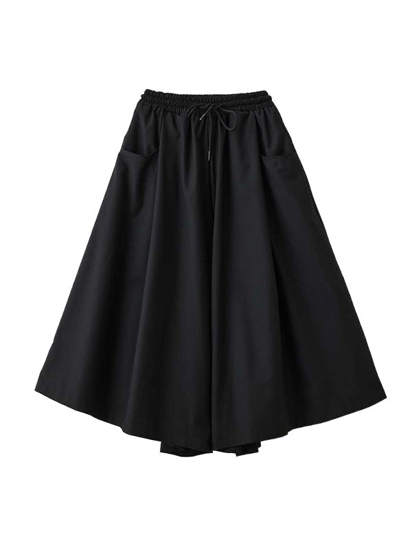 A-Line High Waisted Drawstring Elasticity Pockets Solid Color Culotte Pants