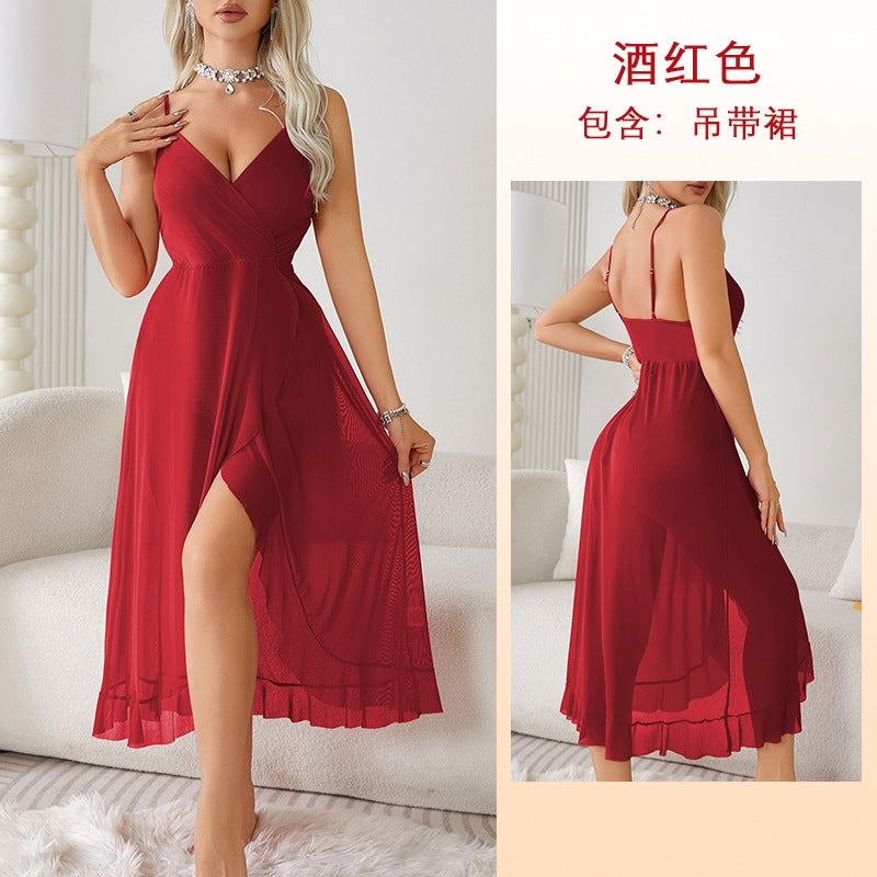 Women Fashion Sexy Solid Color Deep V Mesh Perspective Sling Sexy Pajamas