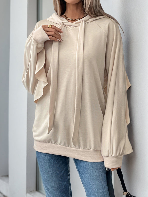 Long Sleeves Loose Drawstring Ruffle Trim Solid Color Split-Joint Hoodies Tops
